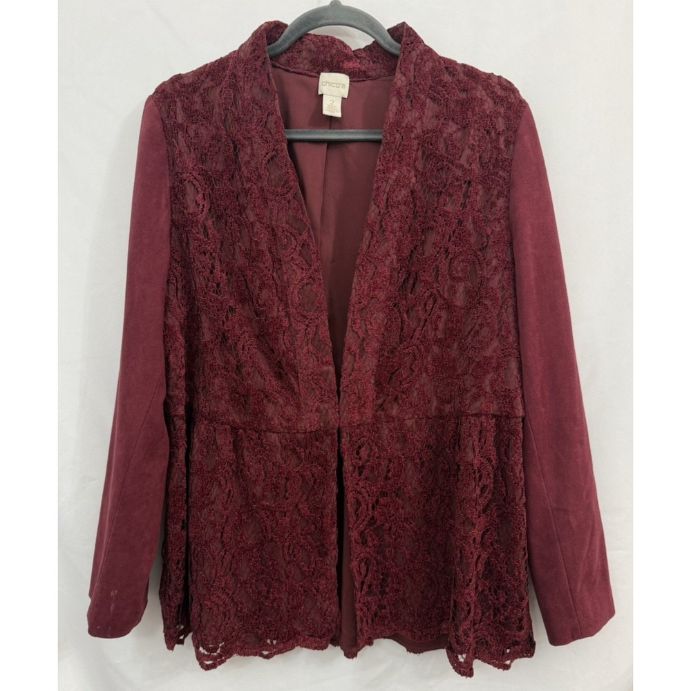 Chico's Maroon Lace Front Faux Suede Blazer Jacket Womens Size 2 (L/12)
